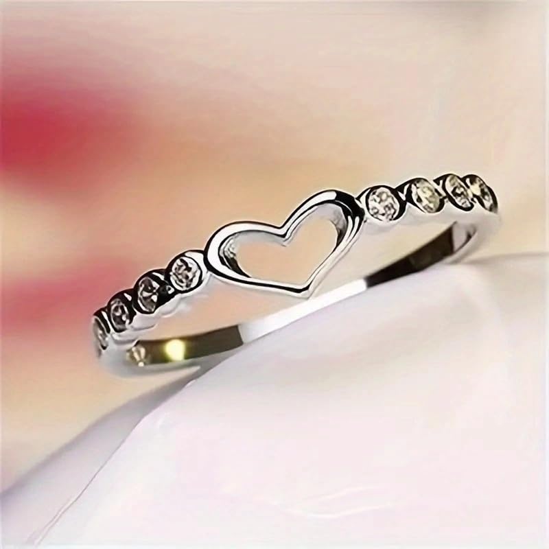 Simple Silver Plated Inlay Zirconia Hollow Heart Rings for Women Engagement Wedding Rings Jewelry - color: Silvery, size: 9