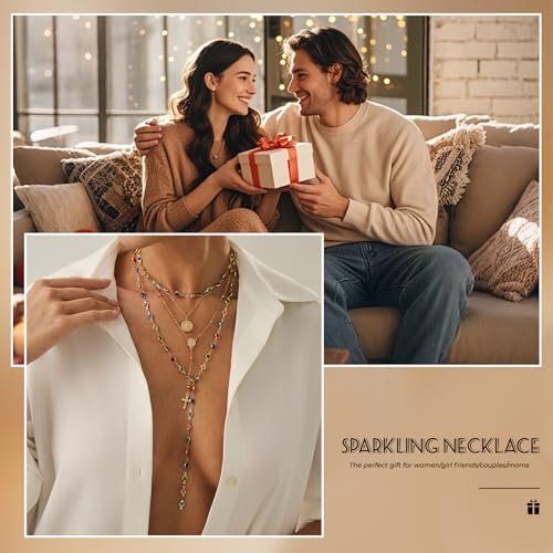 Layered Cross Necklace Set for Women, Layered Choker Necklaces Trendy Jewelry, Colorful Enamel Beaded Y-Shaped Lariat Necklace, Boho Multilayer Cross Necklace for Party and Daily Wear - color: Gold-14
