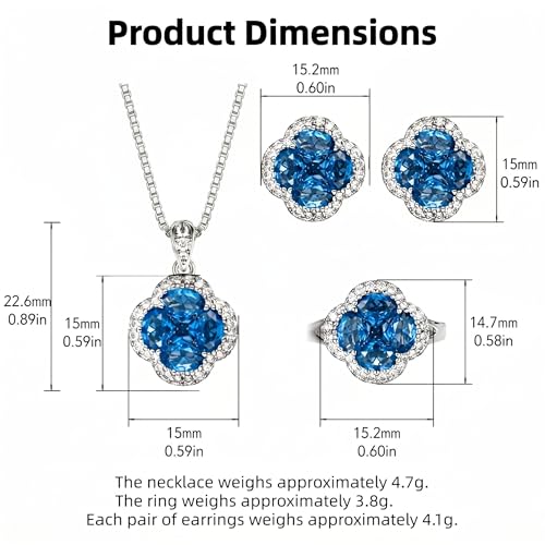 Green/Blue Zircon 4-Leaf Clover Jewelry Set – Necklace, Ring, Earrings – Women's Wedding & Evening Gift for Wife, Girlfriend, Mother – Comes with Gift Box - color: Blue 3-Piece Set