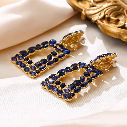 Flyonce Rectangle Clip-on Drop Earrings for Women, Sparkly Rhinestone Crystal Geometric Statement Non Pierced Earring Wedding Prom Party Jewelry for Brides Bridesmaid - color: Navy Blue