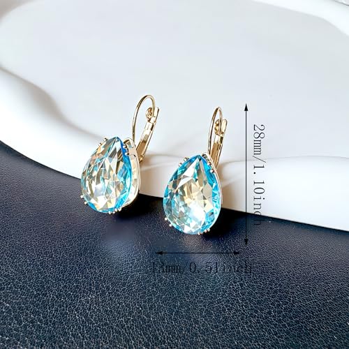 14K Gold Teardrop Crystal Leverback Earrings Sparkly Rhinestone Water Droplet Dangle Drop Earrings For Women - color: Sky Blue