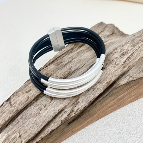 Bracelets for Women Leather Bracelet Multi-Layer Rope Wrap Bangle 14k Gold Plated Cirle Hollow Tube Boho Cuff Bangle Bracelets for Women Gift - style: Tube-Black Leather Bracelet(Silver)