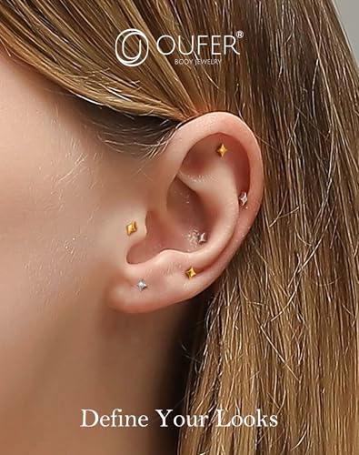 OUFER G23 Titanium Threadless Labret Studs – Flat Back Push Pin Earrings for Tragus, Helix, Monroe, Conch, Lip Piercing – 16G/18G, 6MM/8MM - color: Gold-4Star, size: 18g 8mm