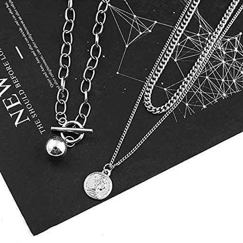 Womens Silver Layered Necklace Set, Triple Strand Hip Hop Coin Pendant Choker, Chunky Link Chain Jewelry for Streetwear