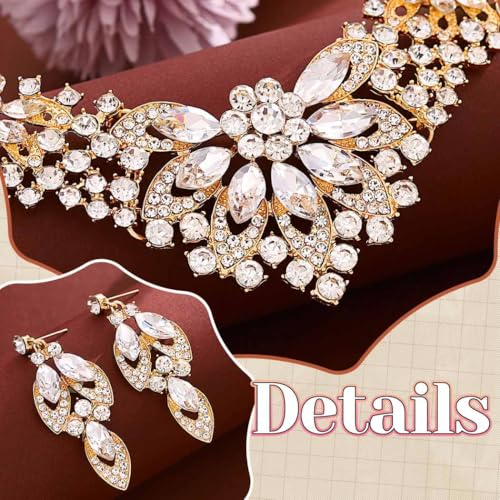Yonamix Gold Jewelry Set Wedding Rhinestone Necklace Sets for Women | Formal Prom Dinner Party Gala Night Crystal Flower Necklaces Earrings - color: A Gold