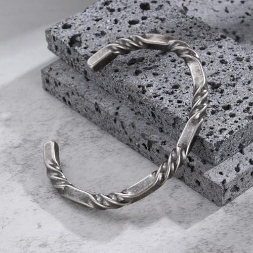 Hisatan Stainless Steel Mens Cuff Bracelet, Minimal Twist Cool Antique Retro/Silver/Black Open Metal Cuff Bangle Bracelets for Men, 65/70mm - color: Grey