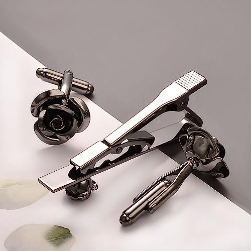 Pearl Rose Tie Clip Cufflinks Set for Men Gold Silver Gun-black Cufflinks and Tie Clip Groom Wedding Business Jewelry - style: Rose Set-Black