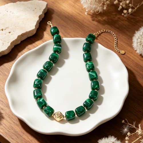 Chunky Beaded Necklace for Women,Square Resin beads boho Choker Necklace with gold-tone spacers,Fashion Trendy Summer Beach Party Necklaces Handmade Surfer Beach Necklaces Jewelry Gifts - color: Dark-Green
