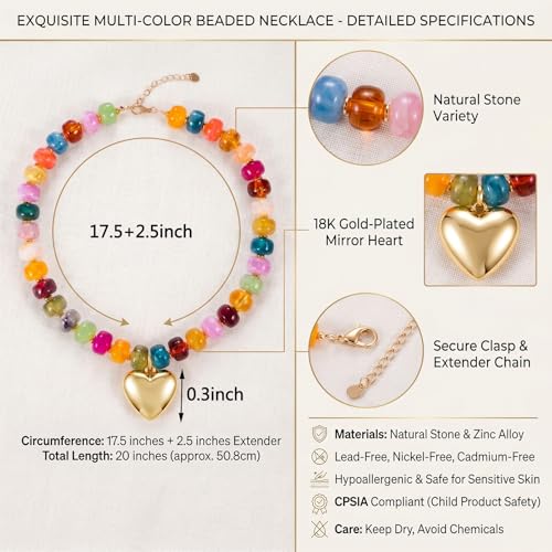 SYNLIN Resin Chunky Beaded Necklace for Women, Adjustable Heart Pendant Beaded Choker, Lightweight Statement Necklace, Boho Summer Beach Jewelry - color: Vibrant Multicolor
