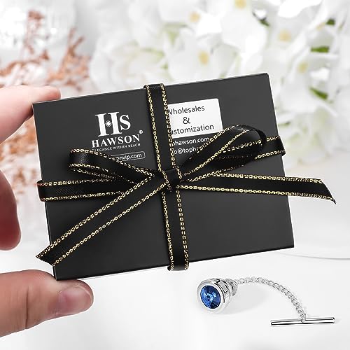 HAWSON Mens Tie Tack with Chain Round Crystal Wedding Business Accessories - color: Silver + Montana