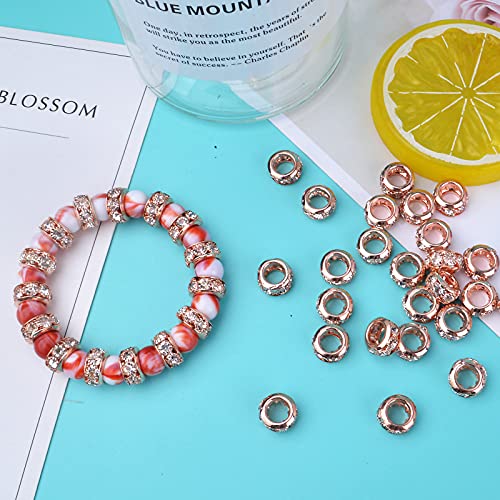 BronaGrand 40pcs Rose Gold European Large Hole Beads Rhinestone Rondelle Spacer Beads Crystal Loose Charm Beads for DIY Bracelet Necklace Crafts Jewelry Making Supplies, Hole: 6 mm - color: Rose Gold, size: 10MM