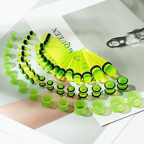 50 Pcs Ear Gauges Stretching Kit 14G-00G | Acrylic Tapers and Plugs Silicone Tunnels, Gauge Expanders Stretching Kit, Piercing Earring Jewelry for Men and Women - color: Green