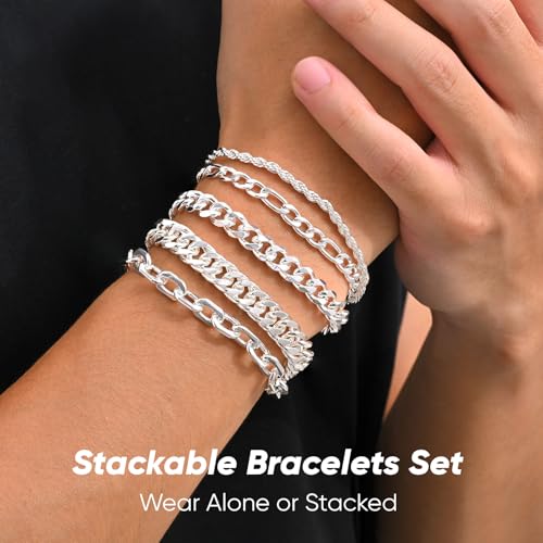 VNOX 5/7 Pcs Chain Bracelet for Men Women - Sturdy Stainless Steel Curb Width Cuban Link Chain Bracelet Set for Men Women,6.5/7/7.4/8.2/9 Inches - style: Silvering Link 1