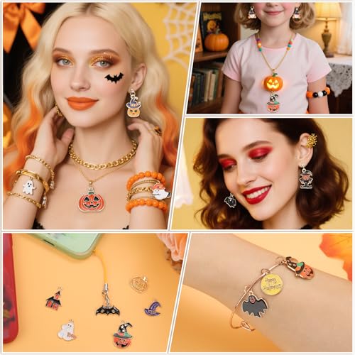 100Pcs 50 Pairs Halloween Charms for Jewelry Making and Bracelets, Gold Enamel Jewelry Pendants for Halloween Earring Bracelet Necklace Craft Making - style: Halloween Charms
