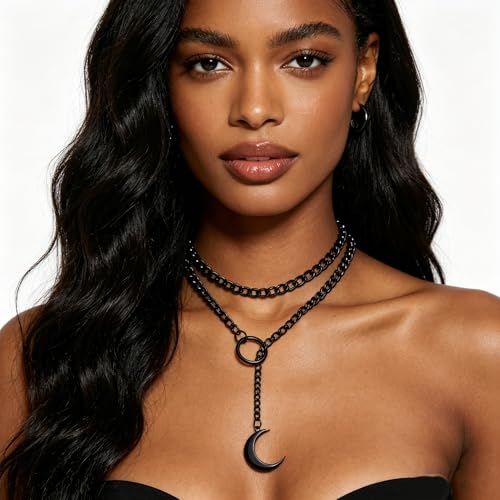 Slip Chain Necklace for Women Gothic Stainless Steel Bar Pendant Cuban Link Necklaces Adjustable Goth O Ring Long Necklaces Punk Rock Collar Choker Trendy Lariat Y Necklace - color: Long black moon