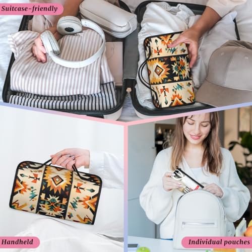 Boho Aztec Western Hanging Roll Up Cosmetic Bag with 4 Removable Storage Bags Waterproof Foldable Toiletry Kit for Women - color: Multicolor 14