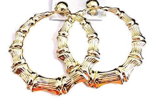 Clip on Bamboo Hoop Earrings Clip Large Hoop Earrings Gold or Silver tone 3.5 inch Hoops Large - style: Gold
