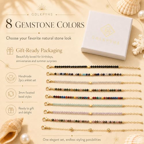 2Pcs Beaded Anklets for Women, Natural Stone Bead Ankle Bracelets with 14K Gold Plated Chain, Waterproof Adjustable Layered Anklet Set, Boho Beach Summer Jewelry Gift - color: Amethyst