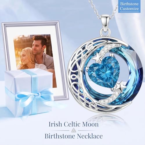 Birthstone Necklace for Women Crystal Moon and Star Pendant White Gold Celtic Moon Jewelry Birthday Graduation Gifts for Wife Her - style: Moon-12