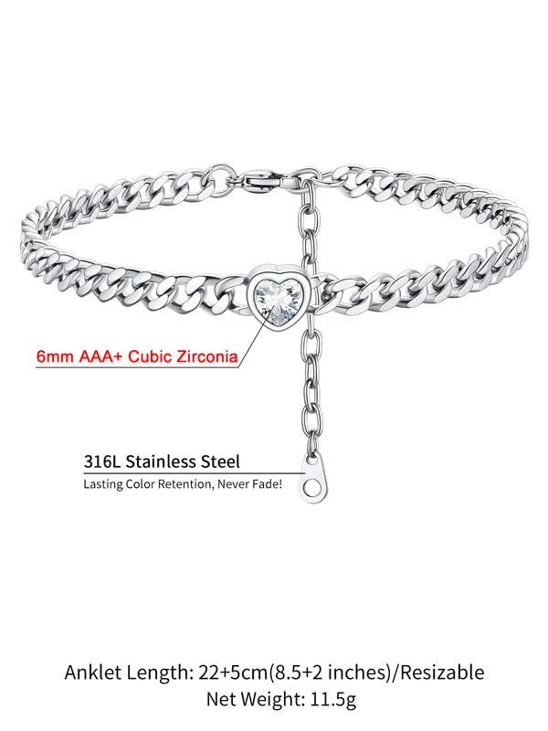 ChainsHouse Cuban Chain Anklets for Women with Heart Birthstone Jan - Dec | Stainless Steel Black Link Chain Ankle Bracelet with Birthstone, Beach Women Anklet 22cm-27cm Adjustable, with Gift Box - color: 04. Apr.-Clear Crystal-Steel