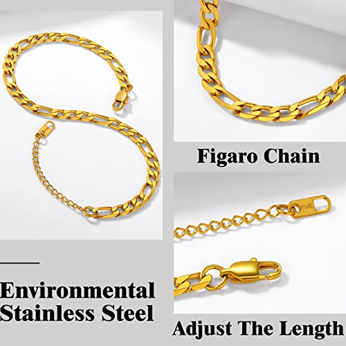 Richsteel Anklets for Women Cuban/Figaro/Spiga Wheat Chain Stainless Steel/18K Gold Plated Ankle Bracelet Beach Waterproof Foot Jewelry - color: 05-Gold Plated Figaro