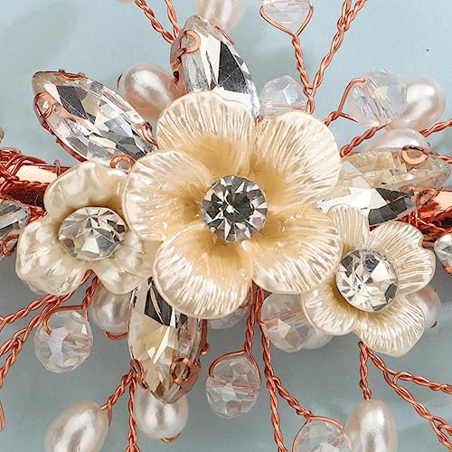 Xerling Rose Gold Rhinestones Crystal Flower Hair Barrettes Clip Boho Bridal Pearl Hair Jewelry Accessories for Women Wedding Floral Headpieces (Rose Gold) - color: Rose Gold