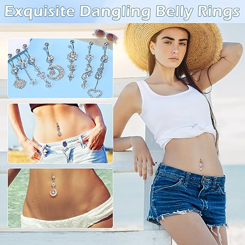 14 PCS Belly Button Rings for Women, 14G Long Dangle Navel Ring Screw Bar Design Body Piercing Jewelry Belly Rings Gifts