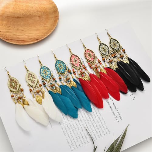 Dreuyet Boho Long Feather Drop Dangle Earrings for Women Retro Bohemian Ethnic Fringe Multicolor Tassel Feather Earring Handmade Statement Dream Catcher Earrings Jewelry - color: White Oval