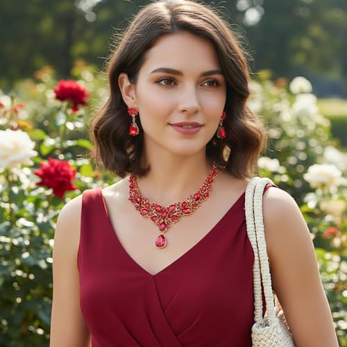 Hicarer Bridal Teardrop Cluster Crystal Jewelry Set for Women Necklace Earrings Wedding - color: Red and Gold