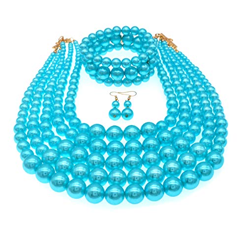 JNF Large Faux Pearl Necklaces for Women Multi strand Pearl Necklace Bracelet and Earrings Set 1920s Costume Pearls Necklace Jewelry Accessories - color: Light blue