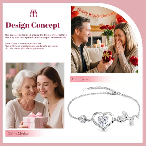 1CT Rose Heart Birthstone Bracelet for Women Love Gift - style: 04-April Moissanite Silver