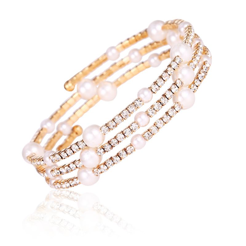 Imitition Pearl Stretch Bracelet Layers Stackable Bangle Bracelet Crystals Pearl Elastic Wristband for Women Wedding Jewelry - color: Sytle 5 Gold
