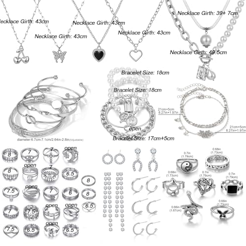 17IF 53 PCS(8 PACK) Silver Plated Jewelry Set for Women,4 Styles | with 6 Necklace 11 Ankle Bracelet 30 Kunckle Ring 6 Pair Earring Hoop Vintage Boho Pearl Birthday Travel Holiday - style: Vintage