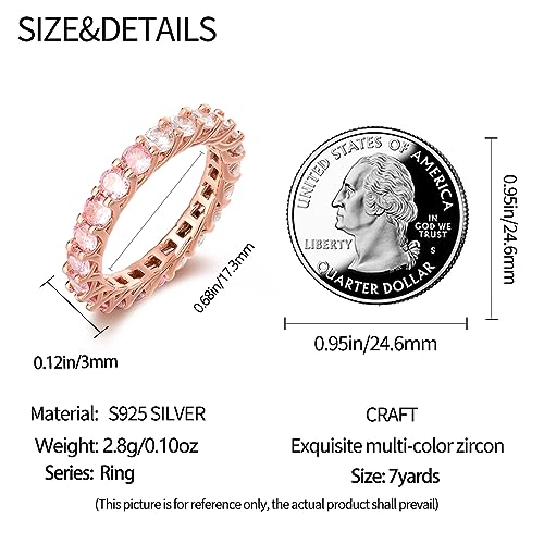 KUNSIR 925 Silver Cubic Zirconia Ring Size 7-9 Wedding Band Sterling Silver Eternity Ring Modern Style - style: Rose Gold Pink Zirconia Ring
