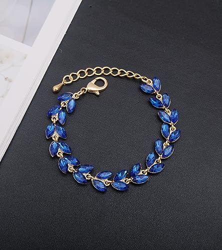 CSY Elegant Bridal Jewelry Sets Wedding Prom Homecoming Gown Accessories | Austrian Marquise Crystal Wedding Necklace Dangle Earrings Tennis Bracelet Ring Set for Bride Women Costume Accessories - color: royal blue-gold tone