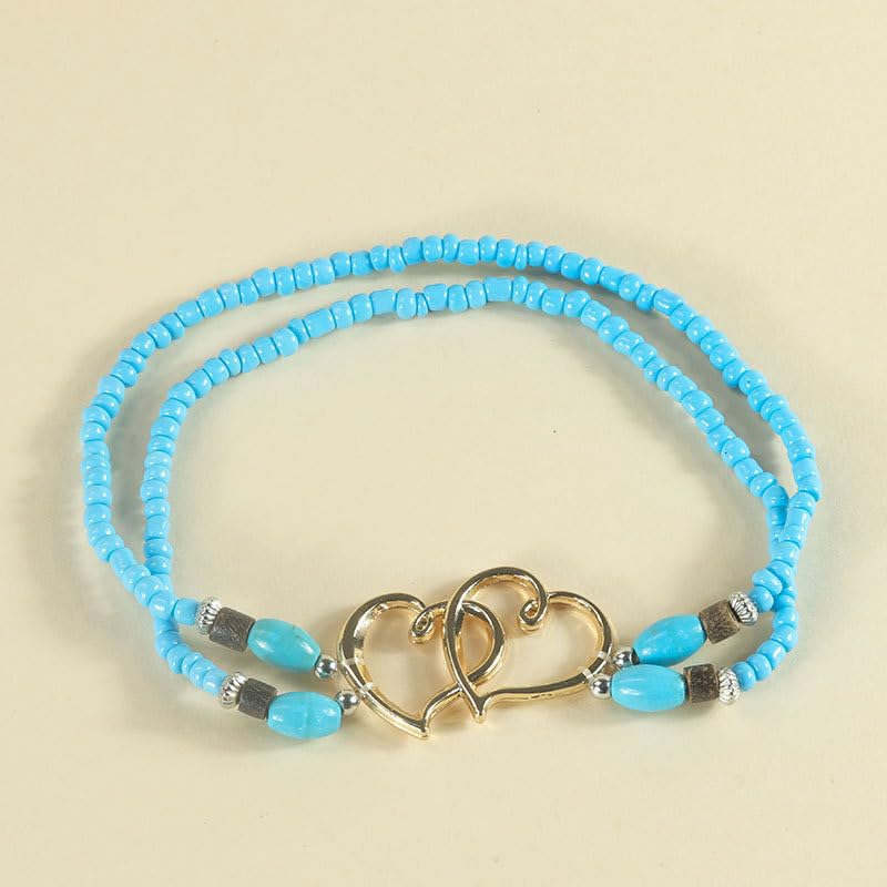 Elastic Beaded Ankle Bracelets for Women Double Heart Layered Stretch Ankle Bracelets Waterproof Dainty Boho Beaded Anklets for Summer Beach Foot Jewelry - color: Blue Gold