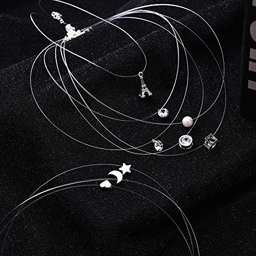 Starain 8 Pcs Fishing Line Necklace for Women Single Moon Star Cubic Zircon Pendant Choker Necklace Set - color: Siver