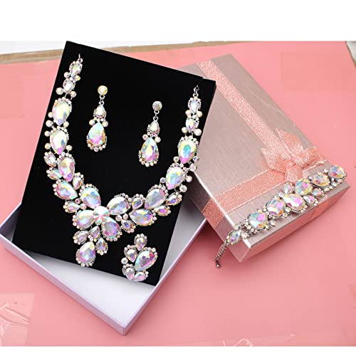 Women's Wedding Bridal Austrian Crystal Glass Teardrop Statement Necklace Dangle Earrings Bracelet Ring Wedding Party Jewelry Set for Bridal Bridesmaid - color: AB Crystal-Platinum Plated