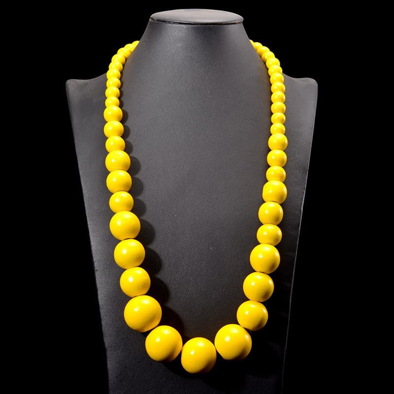 Boho Chunky Large Wooden Beads Necklace Colorful Natural Wood Bib Big Round Beaded Strand Necklaces for Women Ethnic Statement Costume Wedding Jewelry - color: Yellow