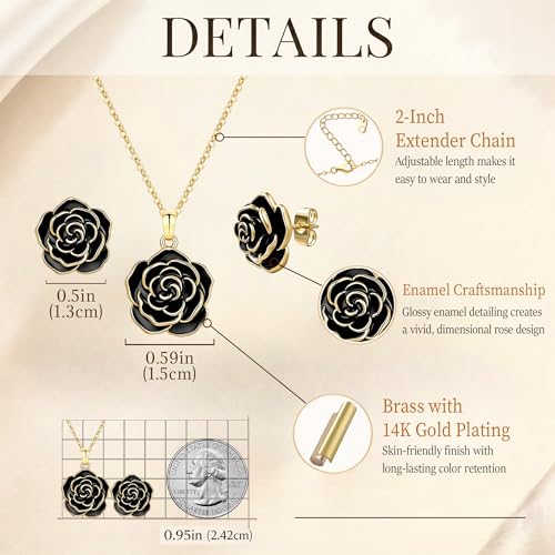 Enamel Rose Necklace and Earrings Jewelry Set for Women | 14K Gold Plated,Rose Represent: Love Gratitude Prid,Adjustable Chain Fit,Elegant Sets for Daily and Party Wear,Gift Box - color: Black