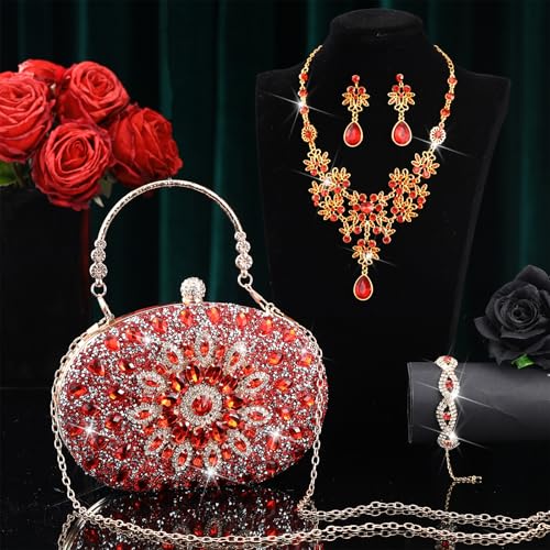 Quelay 4 Pcs Purse Rhinestone Jewelry Set Women | Wedding Bridal Prom Jewelry Sparkly Clutch Handbag with Necklace Bracelet Dangle Earrings Shiny Costume Kit - color: Red, style: Elegant