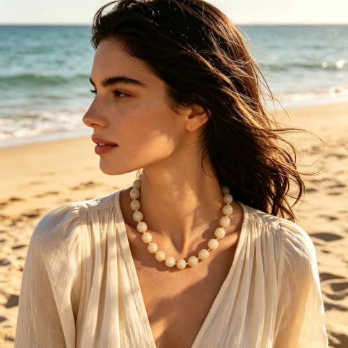 Colorful Beaded Necklace for Women Boho Statement Chunky Necklace Natural Stone Beads Gemstone Choker Necklaces Handmade Summer Beach Jewelry - color: Beige