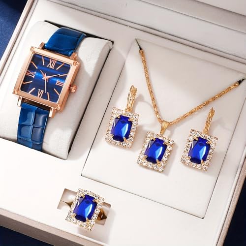 Women's Fashion Quartz Watch and Jewelry Set, Red or Blue Crystal Rhinestone Necklace Earrings Ring, Rose Gold Tone, 4 Piece Gift Set