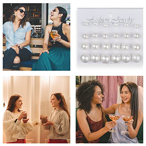 Pearl Earrings Studs for Women, White Pearl CZ Earrings Bridal Simulated Pearl Rhinestone Pearls Stud Earrings Jewelry Set for Wedding Birthday Christmas 12 Pairs - color: 9 Pairs