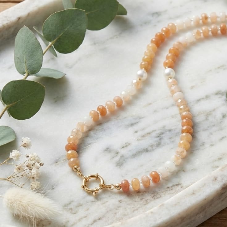 BELLA-Bee Natural Stone Beaded Choker, Multi Color Boho Jewelry Gift | Small bead natural stone choker with stainless steel ring clasp — multicolor stone, handmade healing jewelry for vacation - color: Brown