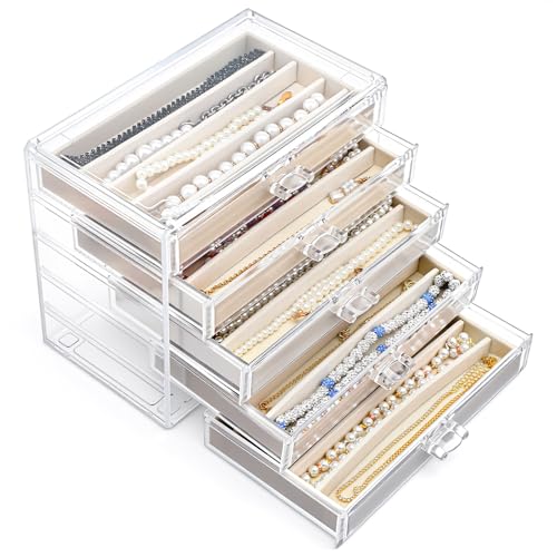 5 Drawer Acrylic Necklace Holder Organizer, Clear Stackable Jewelry Box with Adjustable Velvet Trays for Necklace, Earring, and Ring Storage Display