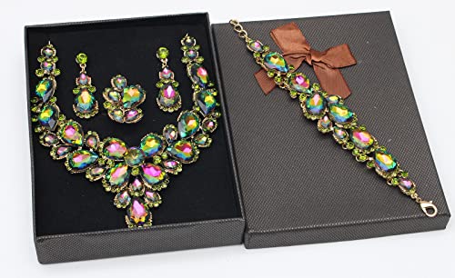 Women's Wedding Bridal Austrian Crystal Glass Teardrop Statement Necklace Dangle Earrings Bracelet Ring Wedding Party Jewelry Set for Bridal Bridesmaid - color: Rainbow-Gold Plated