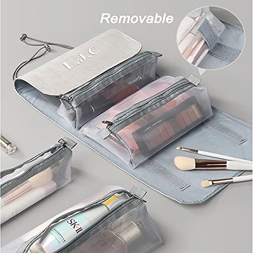 Personalized Toiletry Bag Embroidery Roll-Up Cosmetic bag Foldable Portable Travel Organizer Custom Women's Cosmetic Makeup Kits for Women Waterproof (Gray) - color: Gray