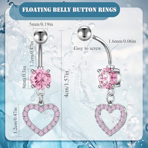 MEDOJO 7Pcs Belly Button Ring Pink Surgical Stainless Steel Belly Ring Bow Butterfly Heart Flower Navel Ring Belly Piercing for Women - color: Pink