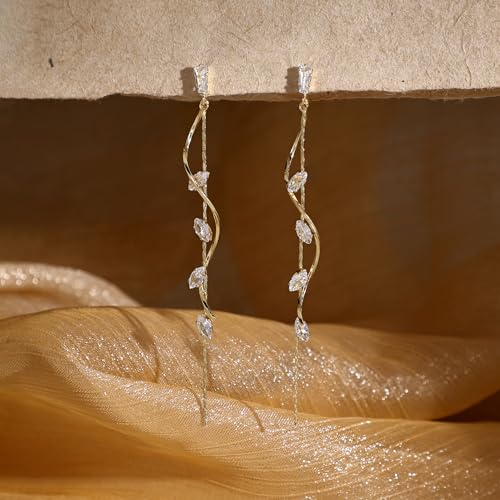 Robaice Long Gold Dangle Earrings for Women, 14K Plated Tassel Earring | Gold Chain Dangling Earrings, Trendy Drop Prom Earring, Lightweight Statement Party Jewelry, Gift for Women - style: C-dangle twist drop,CZ